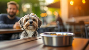 Small dog sitting at an outdoor table with a food bowl.