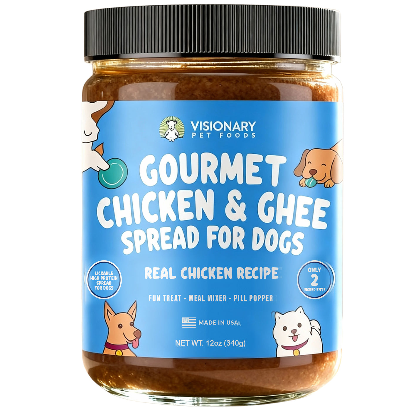 Jar of Chicken & Ghee meat spread for dogs with icons showing multiple uses.