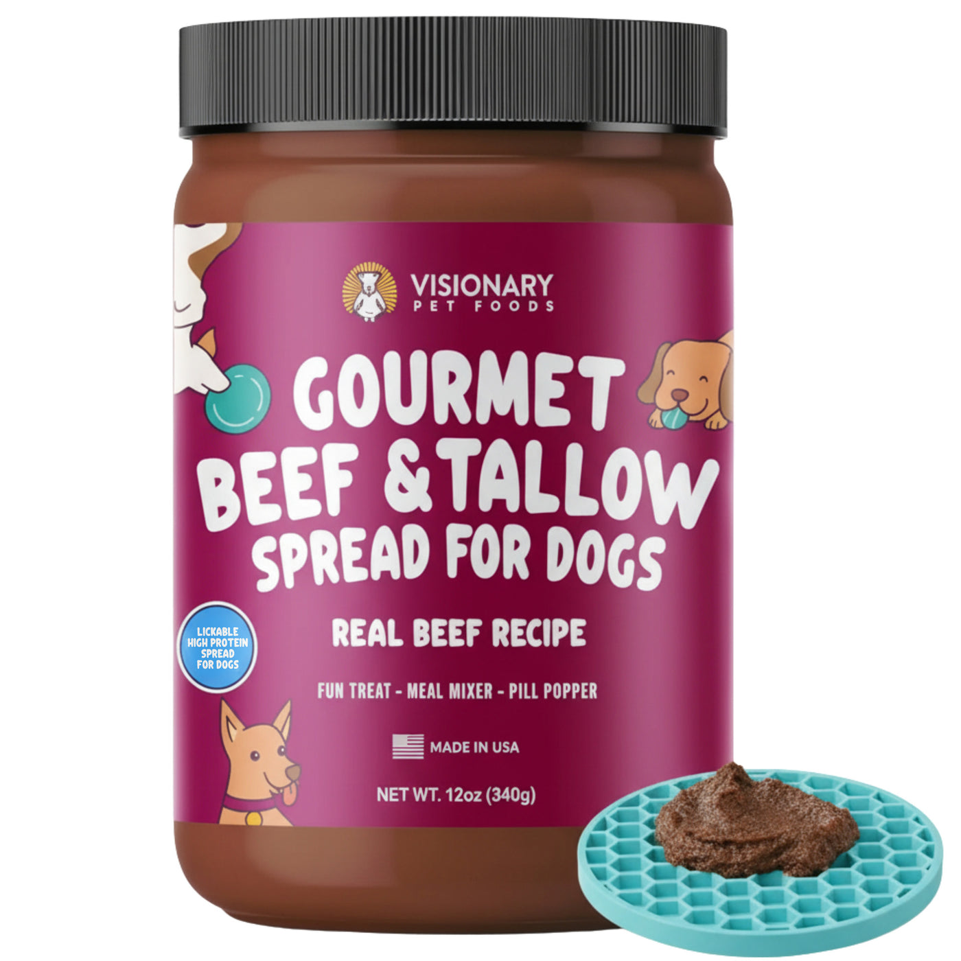 Jar of Beef & Beef Tallow meat spread for dogs with illustrated pet graphics