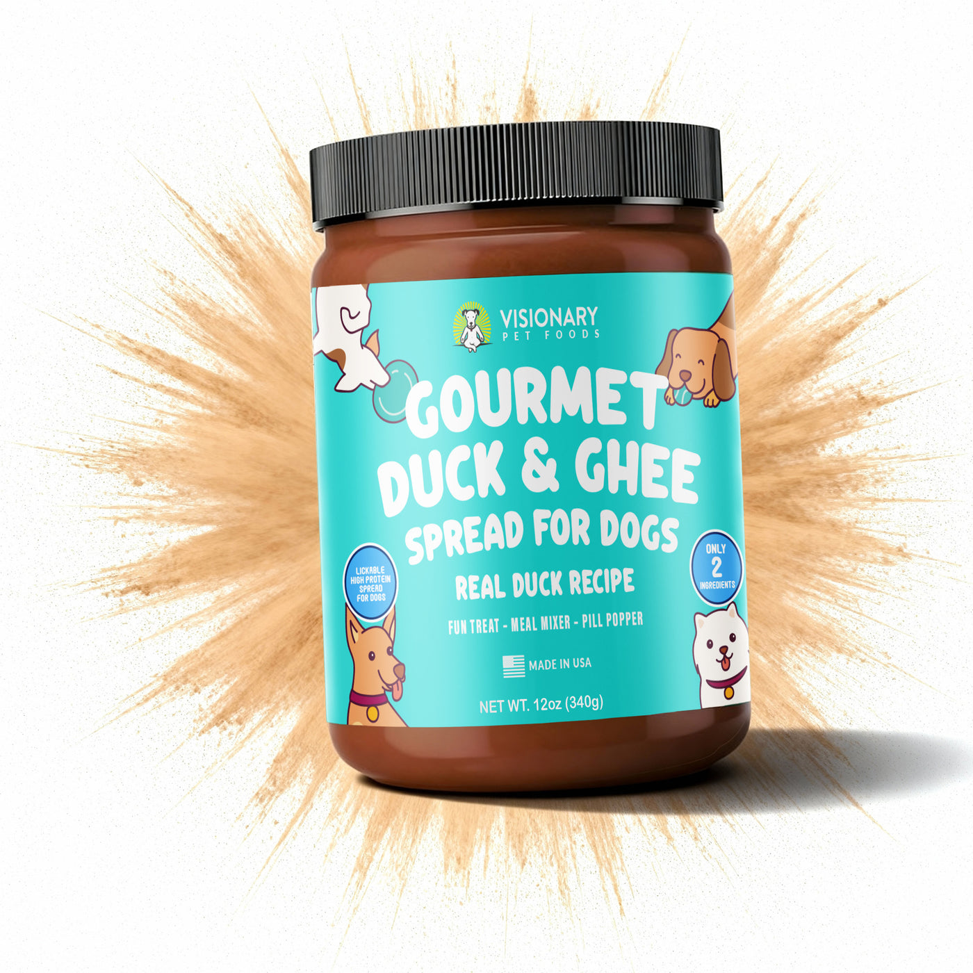 Jar of Gourmet Duck & Ghee Spread for Dogs with a white background