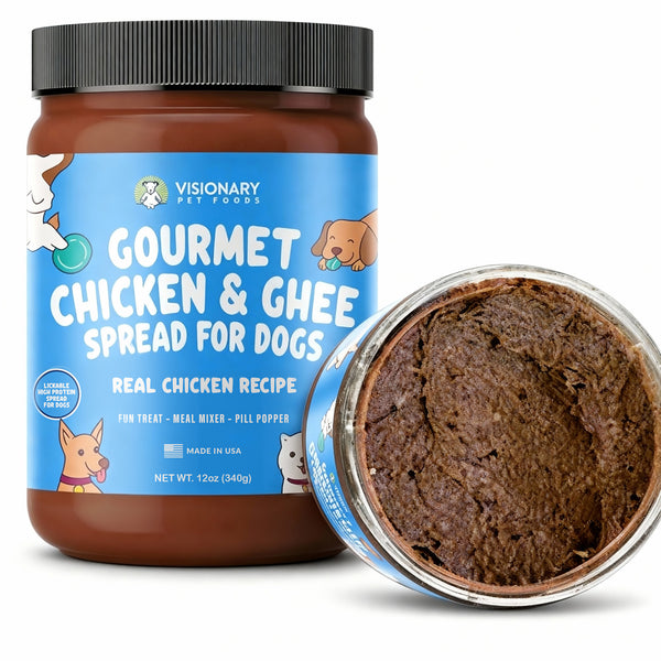 Jar of Gourmet Chicken & Ghee Spread for Dogs with blue label and black lid.
