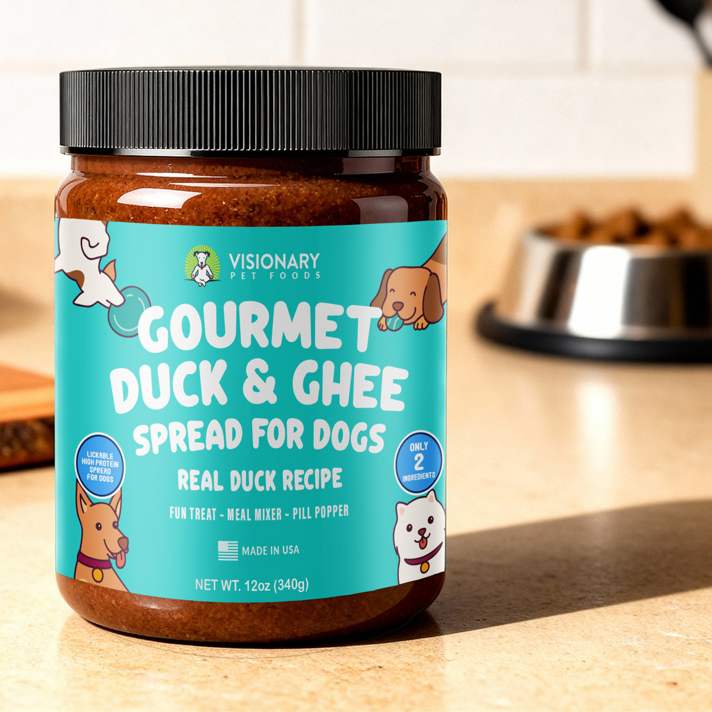 Jar of Gourmet Duck & Ghee Spread for Dogs on a kitchen counter