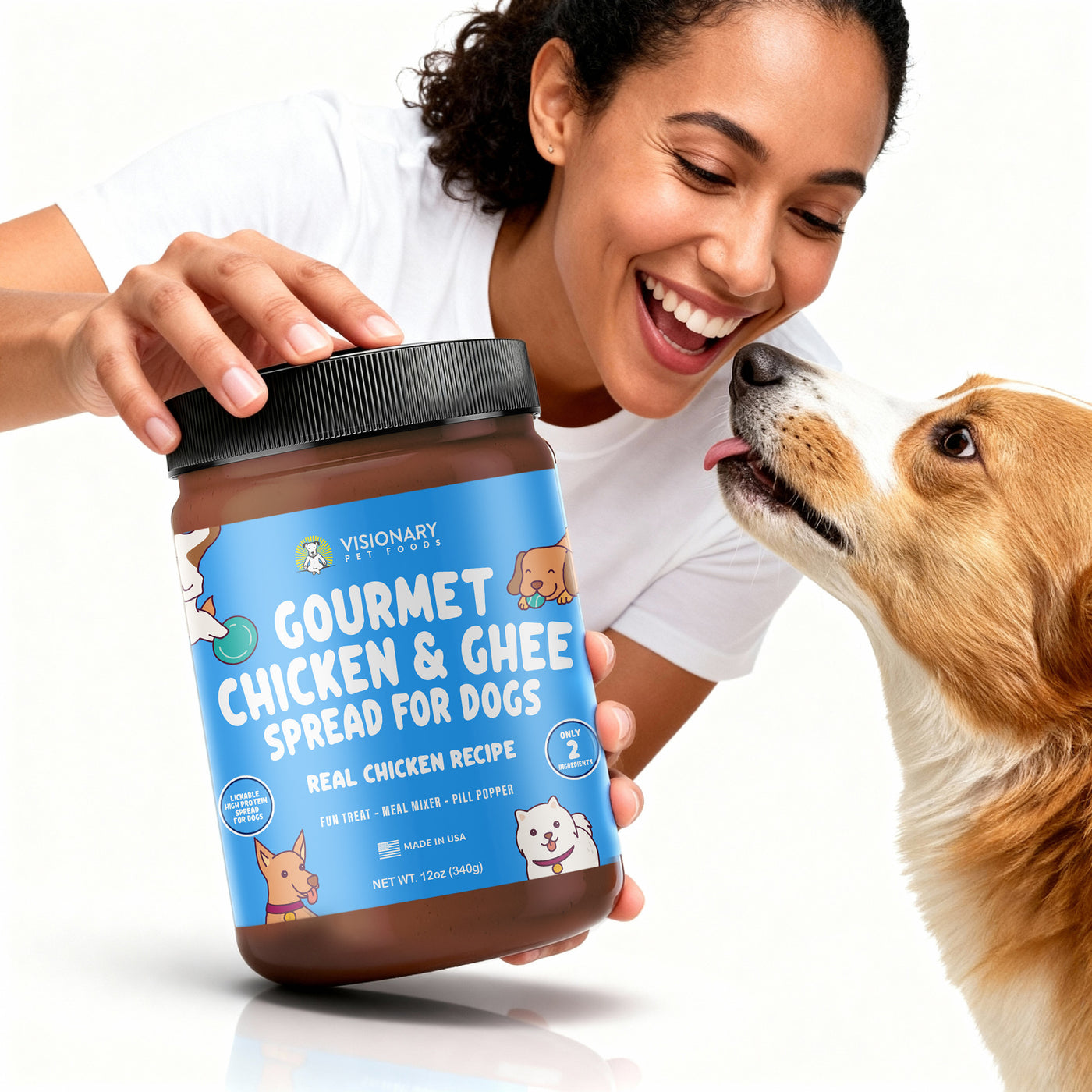 Woman holding a jar of Visionary Pet Foods Gourmet Chicken & Ghee Spread for Dogs with a dog licking her hand.