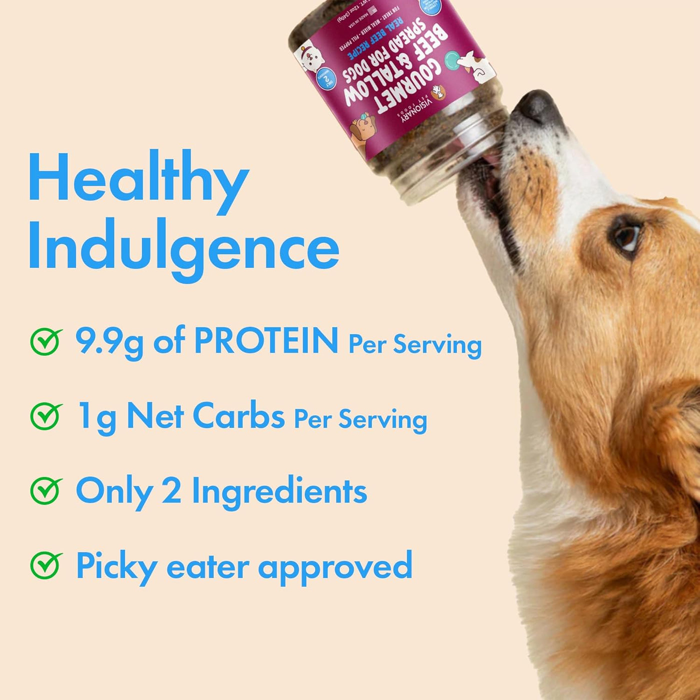Dog drinking from a jar with text about healthy indulgence, protein content, and ingredients.