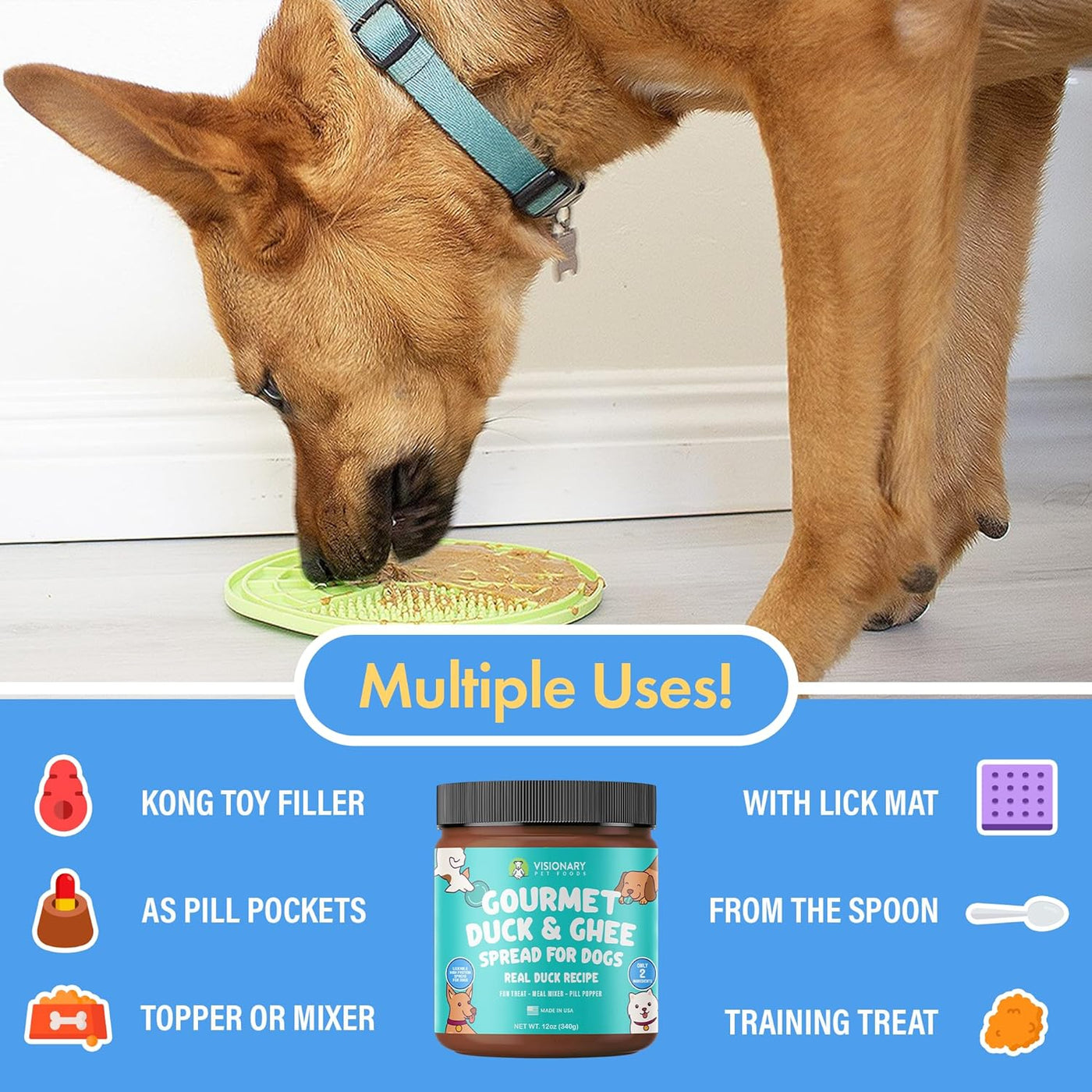 Dog eating from a lick mat with product information below