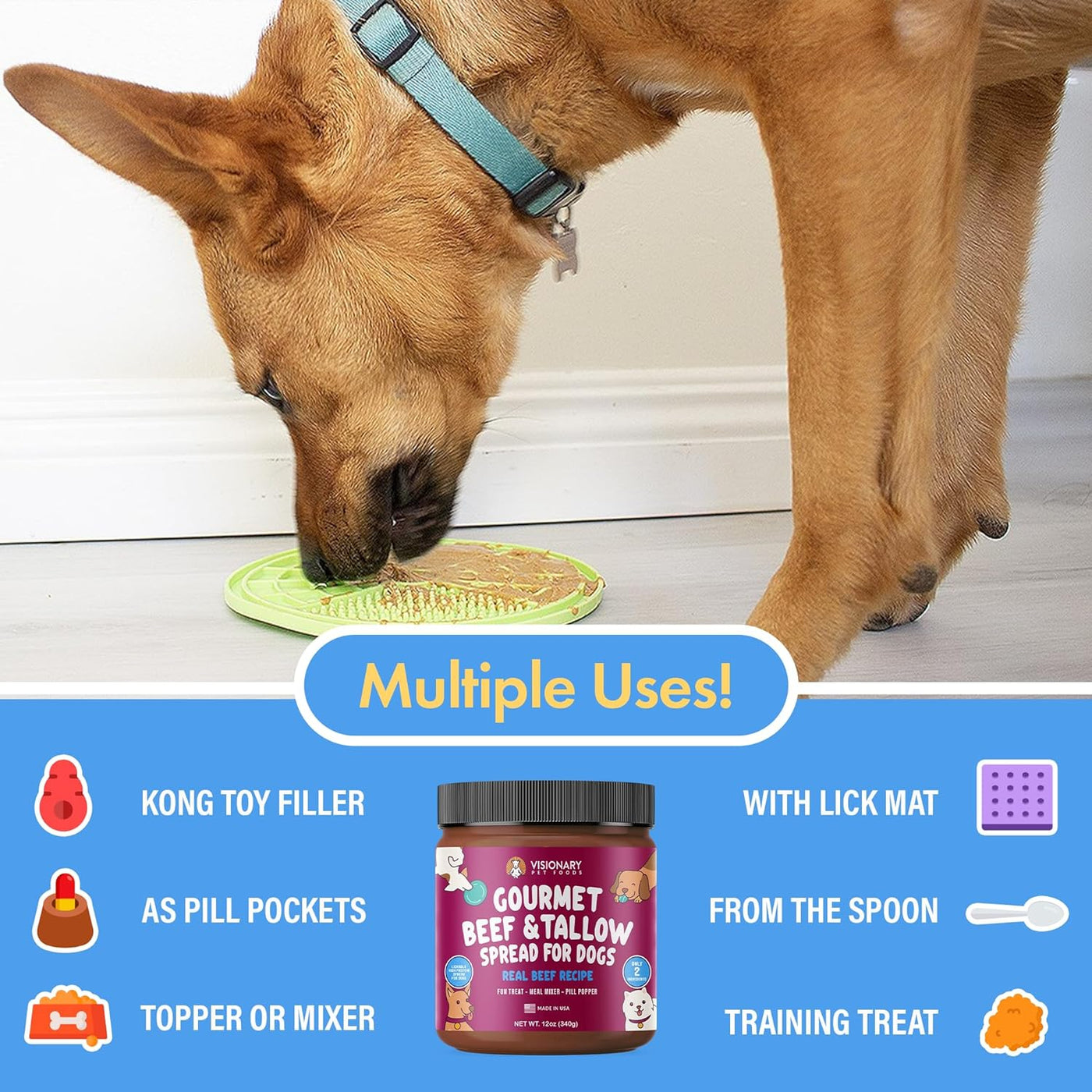 Jar of Beef & Beef Tallow meat spread for dogs with illustrated pet graphics