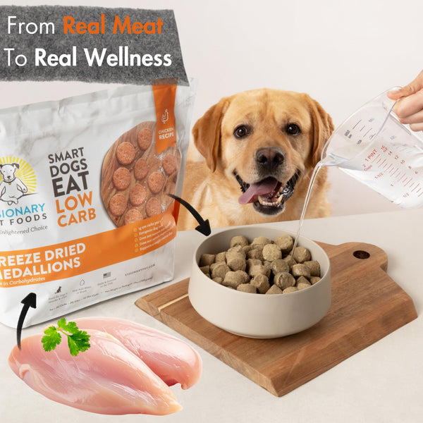 Smart Dogs Eat dog food packaging with a dog, bowl of food, and raw meat on a white background.