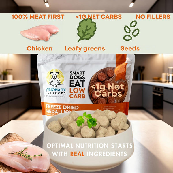 Visionary Pet Foods Smart Dogs Eat Low Carb freeze-dried medallions packaging with ingredients listed above.