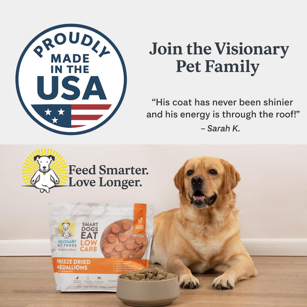 Dog sitting next to pet food packages with promotional text and branding.