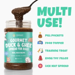 "Duck and Ghee spread for dogs in jar with multi-use benefits shown"