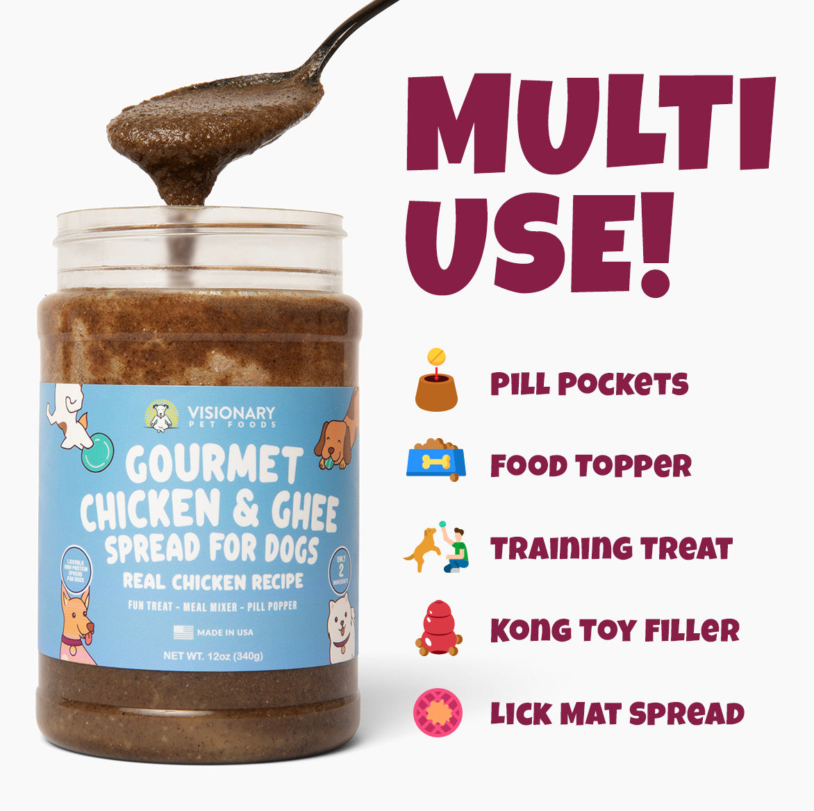 Jar of gourmet chicken and ghee spread for dogs with a spoonful of the spread on a white background.